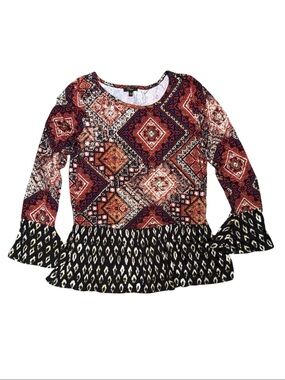 Cupio Boho Mixed Print Bell Sleeve Top Size Large Stretchy Peplum Hem